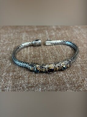 Bali Sterling Silver Cuff Bracelet with Purple Centerstone and Blue Accents